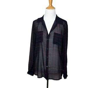 LOFT Navy Red Yellow Plaid Sheer Button Down Long Sleeve Top Size Medium Petite